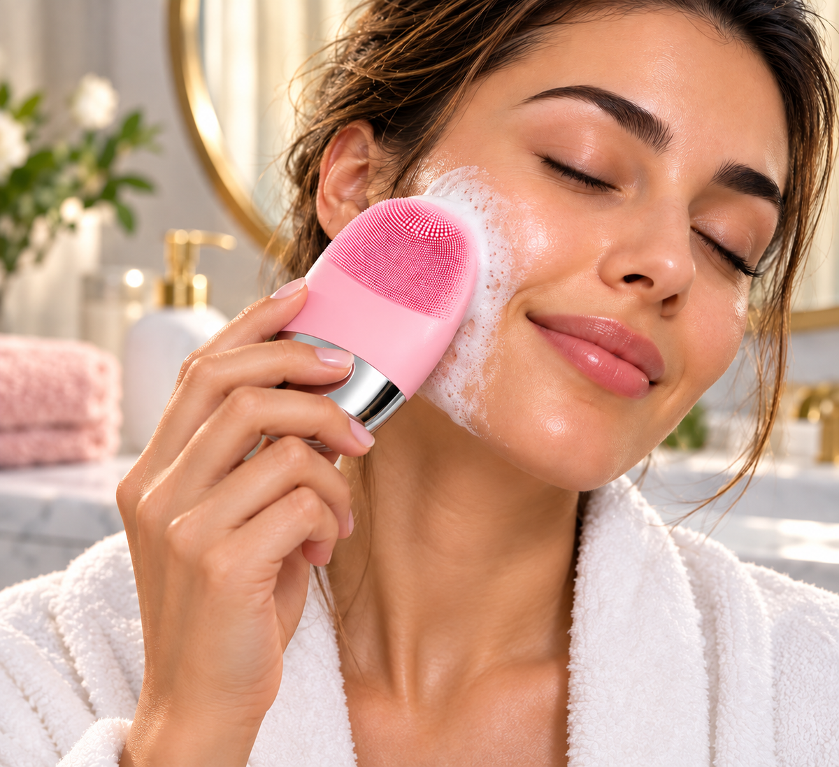 Woman using a pink silicone facial cleansing brush